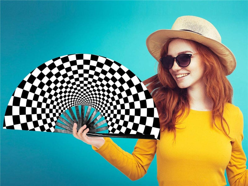 Zolee Large Rave Clack Fan for Line Dancing - Boots on The Ground Popping Folding Hand Fan - for EDM, Music Festival, Hot Flashes, Event, Party, Dance, Decorations, Gift (Checkered) - Image 2